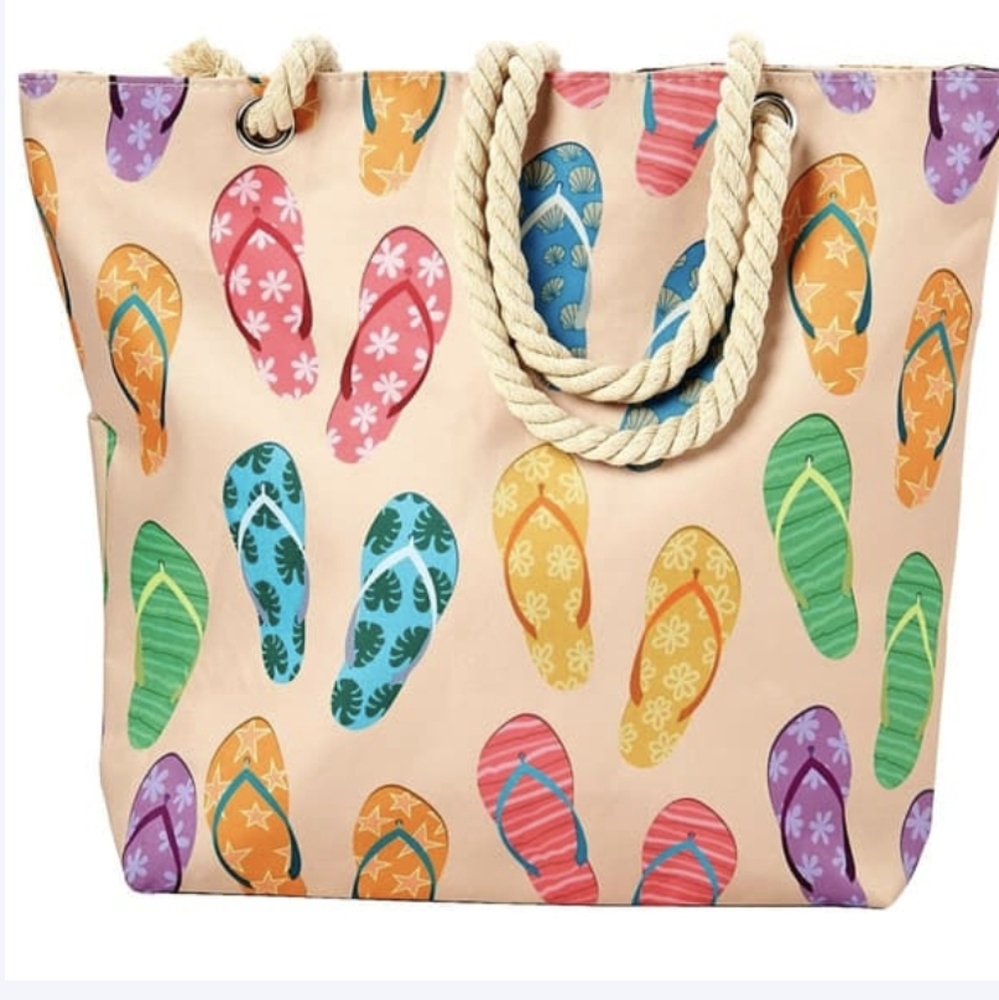Flip Flop Sandal Canvas Zip Top Tote W/ Rope Handles NWT